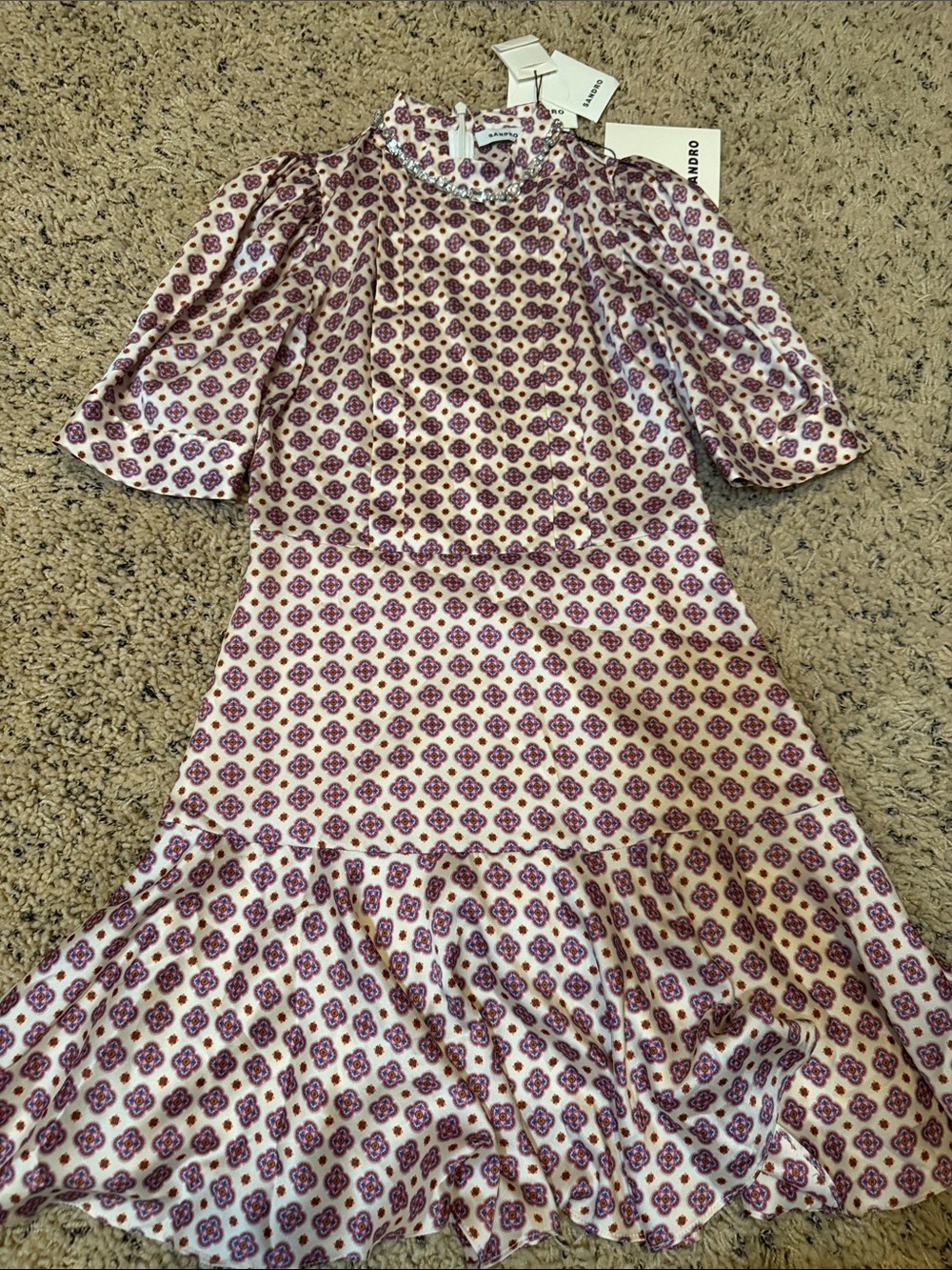 Sandro Floral-Motif Jewel-Neck Midi Dress in Pink and Burgundy